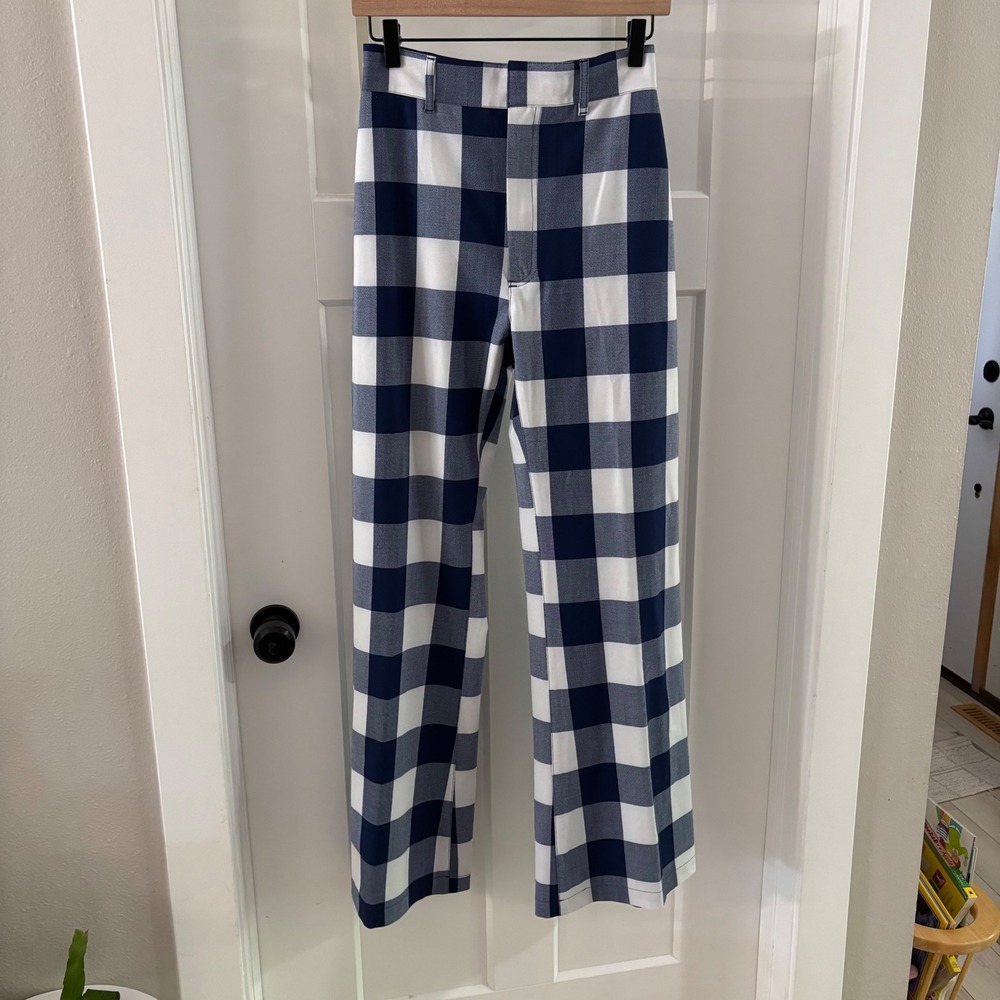 Free People Jules High Waist Blue Plaid Gingham Flare Pants Womens Size 2 Career